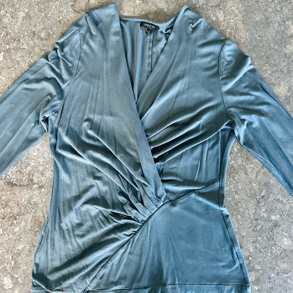 Lafayette 148 New York Slate Blue Faux Wrap Blouse